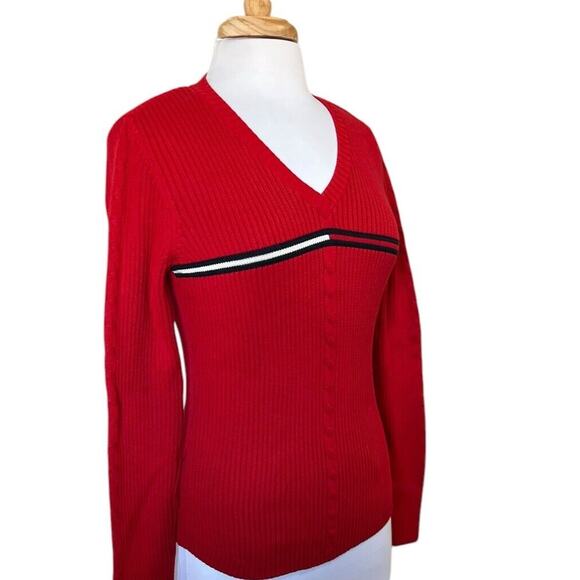 Vintage Y2K Tommy Hilfiger Red Ribbed V-Neck Cable Knit Sweater Women's M - Picture 2 of 8